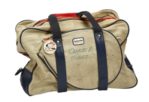 Charles Schulz Signed Tennis Bag and Address Tag